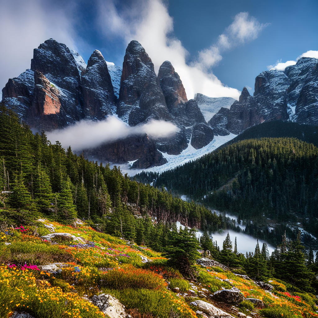  ((masterpiece)), (((best quality))), 8k, high detailed, ultra-detailed. A majestic mountain peak piercing through the clouds. The scene depicts a snow-capped summit surrounded by layers of mist and fog. The rocky terrain is covered in lush greenery, including tall pine trees and colorful wildflowers. A crystal-clear lake reflects the stunning landscape, creating a mirror-like effect. The artist's meticulous brushstrokes capture the intricate details of the mountainside, showcasing the texture of the rocks and the delicate play of light and shadow. The painting evokes a sense of awe and grandeur, transporting the viewer to a serene and untouched wilderness. Medium: Acrylic on canvas. Style: Impressionism. Artist: Emily Johnson. Website: www. hyperrealistic, full body, detailed clothing, highly detailed, cinematic lighting, stunningly beautiful, intricate, sharp focus, f/1. 8, 85mm, (centered image composition), (professionally color graded), ((bright soft diffused light)), volumetric fog, trending on instagram, trending on tumblr, HDR 4K, 8K