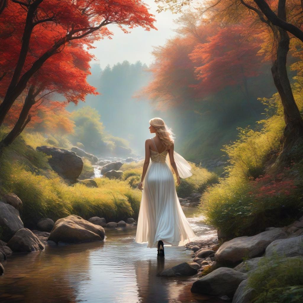  Masterpiece. Detailed elaboration, detailed drawing. A grown up girl. A girl in a white dress walking along a small brook, golden hair. Only the back of the head is visible. Floor length dress. Girl in heels. Hair gathered in a bundle, trees. Rocks on the sides of the creek, red plants. Vivid colors, no blurriness. Realism. Realistic portrayal. Alfonso Mucha, Honoré Fargonard. hyperrealistic, full body, detailed clothing, highly detailed, cinematic lighting, stunningly beautiful, intricate, sharp focus, f/1. 8, 85mm, (centered image composition), (professionally color graded), ((bright soft diffused light)), volumetric fog, trending on instagram, trending on tumblr, HDR 4K, 8K