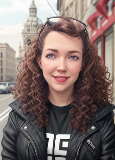 i am a young woman 25 years old with curly brown hair., <lora:gta5artworkdiffusion:1>, hq, hightly detailed, 4k