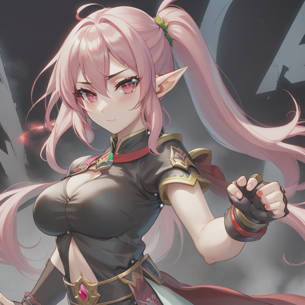  fighting game style An elf with pale pink hair, red eyes, wearing a black top with a slit, wrist bands on her hands, and long messy hair, with two ponytails formed. [In Russian: Эльфийка вампир с белыми белым розовыми волосами, красными глазами, в черном холстере с резкой обрезкой, пластыри на руках, длинные разстроенные волосы, часть волос собрана в два хвостика] . dynamic, vibrant, action packed, detailed character design, reminiscent of fighting video games hyperrealistic, full body, detailed clothing, highly detailed, cinematic lighting, stunningly beautiful, intricate, sharp focus, f/1. 8, 85mm, (centered image composition), (professionally color graded), ((bright soft diffused light)), volumetric fog, trending on instagram, trending on tumblr, HDR 4K, 8K