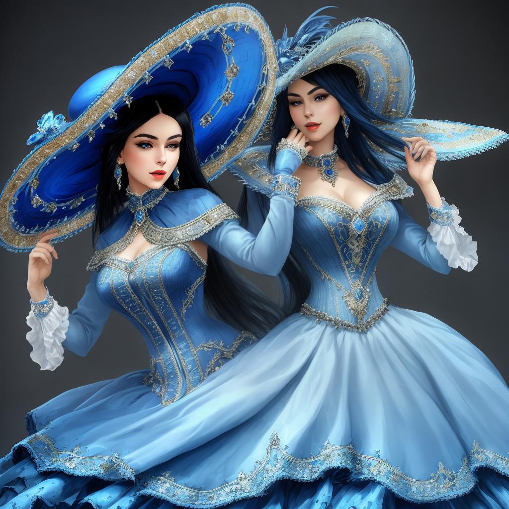  beautiful and woman imagen realista tipo dibujo piel trigueña clara ojos almendrados grises cabello largo curby ropa vestido azul estilo victoriano joyas sombrero estilo victoriano pose elegante y sutil imagen alta definición