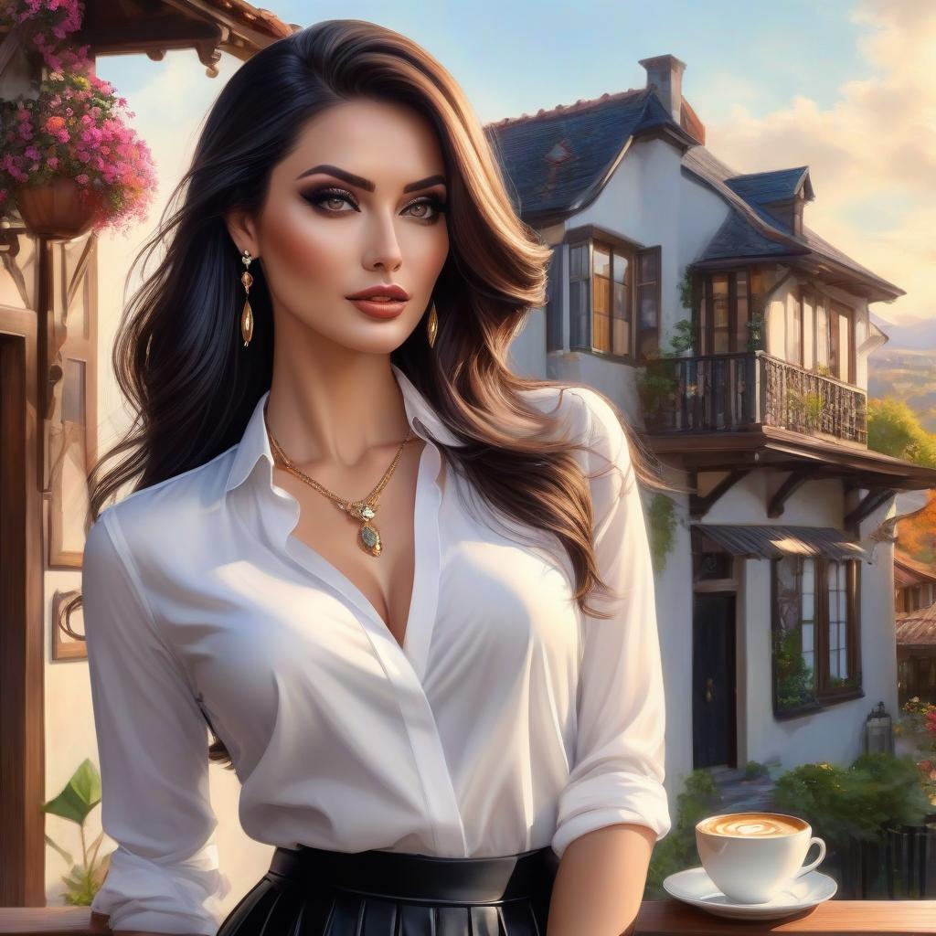  Charming woman with a fa woman, perfect face, expressive eyes, in a white shirt and black skirt, stylized makeup on her face, long coffee colored hair,elegant sparkling jewelry, a house in the background, realistic fantasy drawing, ultra realistic, beautiful, colorful, realistic, high detail,rim light, animated 3D graphics, stunning watercolor painting,lower in her hair, short wavy blonde hair, delicate pink silk dress, white lace trim, retro style, ultra realistic, beautiful, colorful, realistic, high detail, rim light, animated 3D graphics, stunning watercolor painting, hyperrealistic, full body, detailed clothing, highly detailed, cinematic lighting, stunningly beautiful, intricate, sharp focus, f/1. 8, 85mm, (centered image composition), (professionally color graded), ((bright soft diffused light)), volumetric fog, trending on instagram, trending on tumblr, HDR 4K, 8K