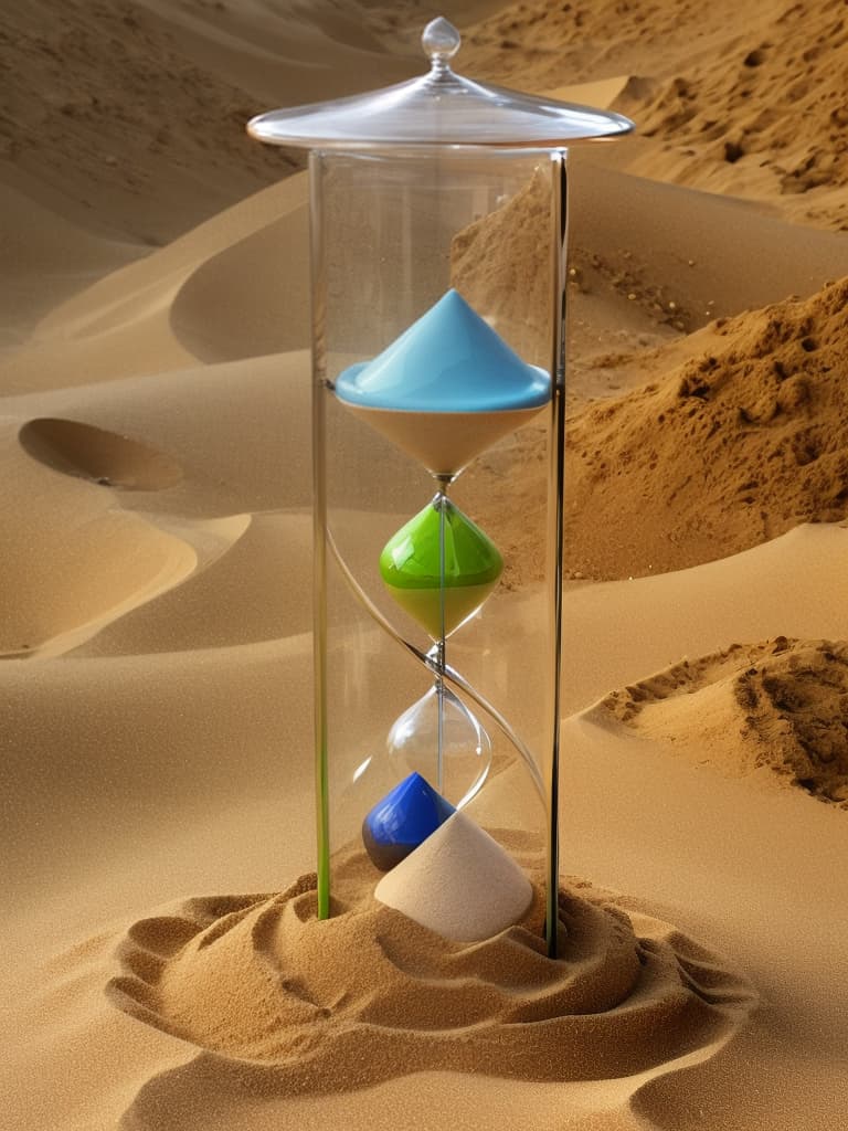  , , , , 1. Hourglass: In the center, there’s a large hourglass. 2. Words inside the hourglass: Inside the hourglass, in the top section, the words “INSPIRATION”, “EFFORT”, and “TIME” are flowing down towards the bottom section. In the bottom section, the words “WORK”, “GROWTH”, and “ACHIEVEMENT” are gathering. 3. Sand and man: Sand is flowing out from a hatch at the bottom of the hourglass, and a man is scooping it into a bucket. 4. Stairs: On the right side of the hourglass, there are stairs. The man carries the filled bucket up these stairs. 5. Hatch at the top: At the top of the hourglass, there is a hatch where the man sits and pours the sand back into the hourglass. 6. Cycle of sand: The sand that the ma