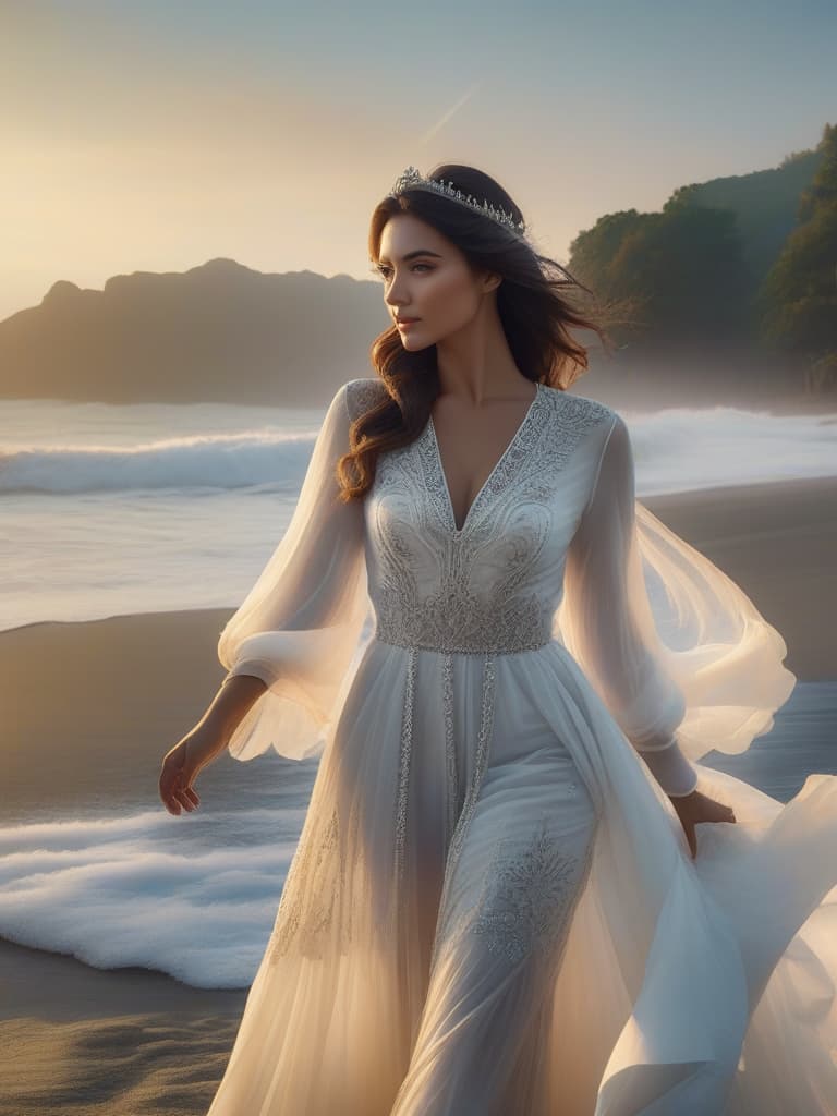  half body portrait,Young and Beautiful Asian girl in beach white casual dress happy relax walking on beach near sea when sunrise in morning, cinematic lighting, stunningly beautiful, intricate, sharp focus, f/1. 8, 85mm, (professionally color graded), ((bright soft diffused light)), volumetric fog, trending on instagram, trending on tumblr, HDR 4K, 8K hyperrealistic, full body, detailed clothing, highly detailed, cinematic lighting, stunningly beautiful, intricate, sharp focus, f/1. 8, 85mm, (centered image composition), (professionally color graded), ((bright soft diffused light)), volumetric fog, trending on instagram, trending on tumblr, HDR 4K, 8K