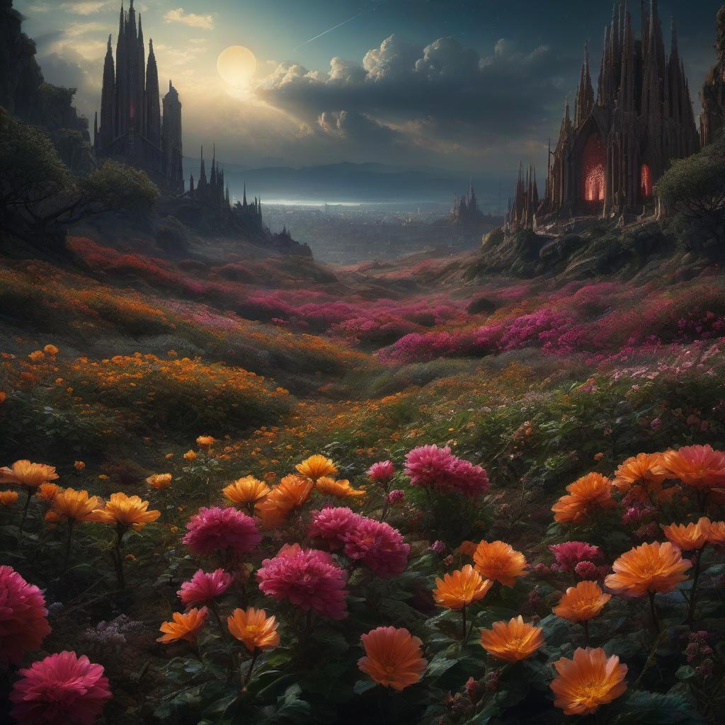  (stylized by Tomasz Alen Kopera:1.3) , dark art, dense flower field and Perseid meteor in background, landscape of a (Barcelona:1.2) , very Bizarre and 1600'S, Hurricane, Glitchcore, Amaro, layered textures, ornate, intricate artistic color, complimentary colors, very inspirational, atmosphere, fine artistic composition, sunny, theatrical hyperrealistic, full body, detailed clothing, highly detailed, cinematic lighting, stunningly beautiful, intricate, sharp focus, f/1. 8, 85mm, (centered image composition), (professionally color graded), ((bright soft diffused light)), volumetric fog, trending on instagram, trending on tumblr, HDR 4K, 8K