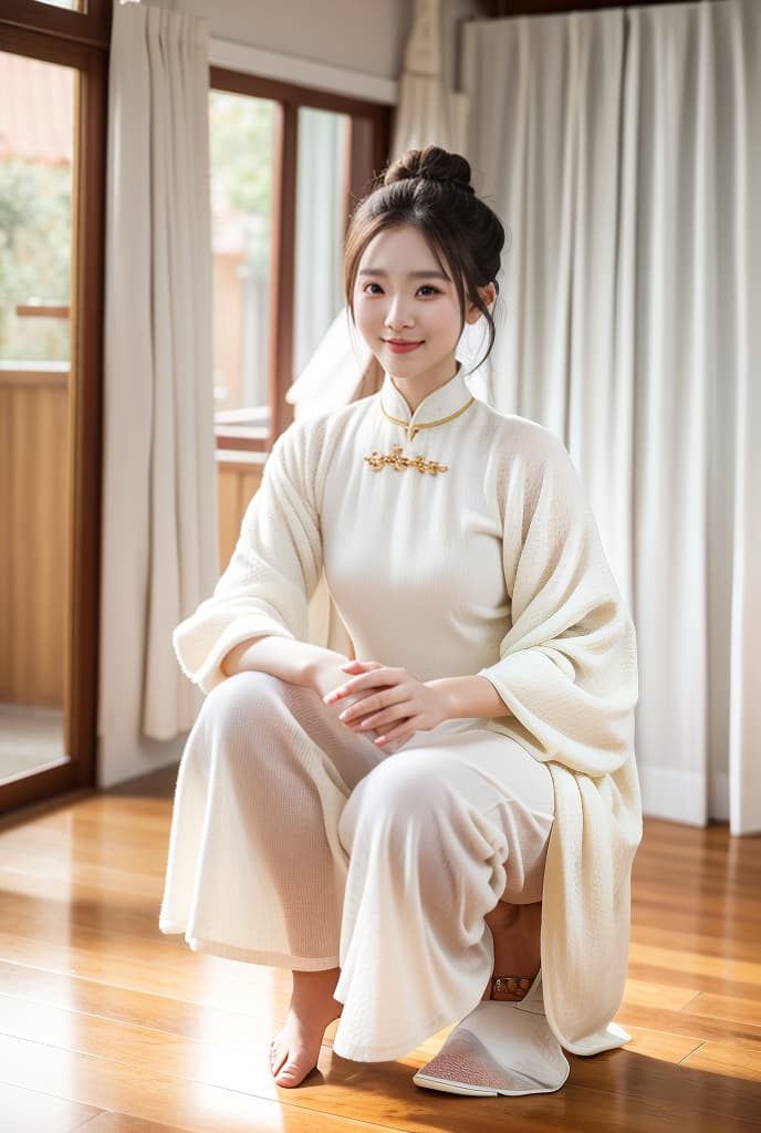 1 , tender smile, Ao Dai, bang hair, bun hair, big s, full body, ADVERTISING PHOTO,high quality, good proportion, masterpiece , The image is captured with an 8k camera and edited using the latest digital tools to produce a flawless final result.