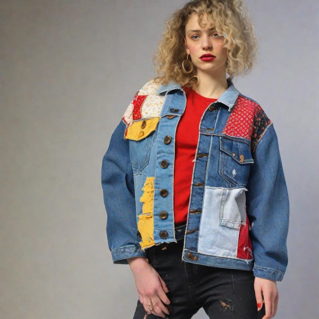  create 90s style, upcycled, reworked, denim jacket, made from textile waste and using patchwork aesthetic