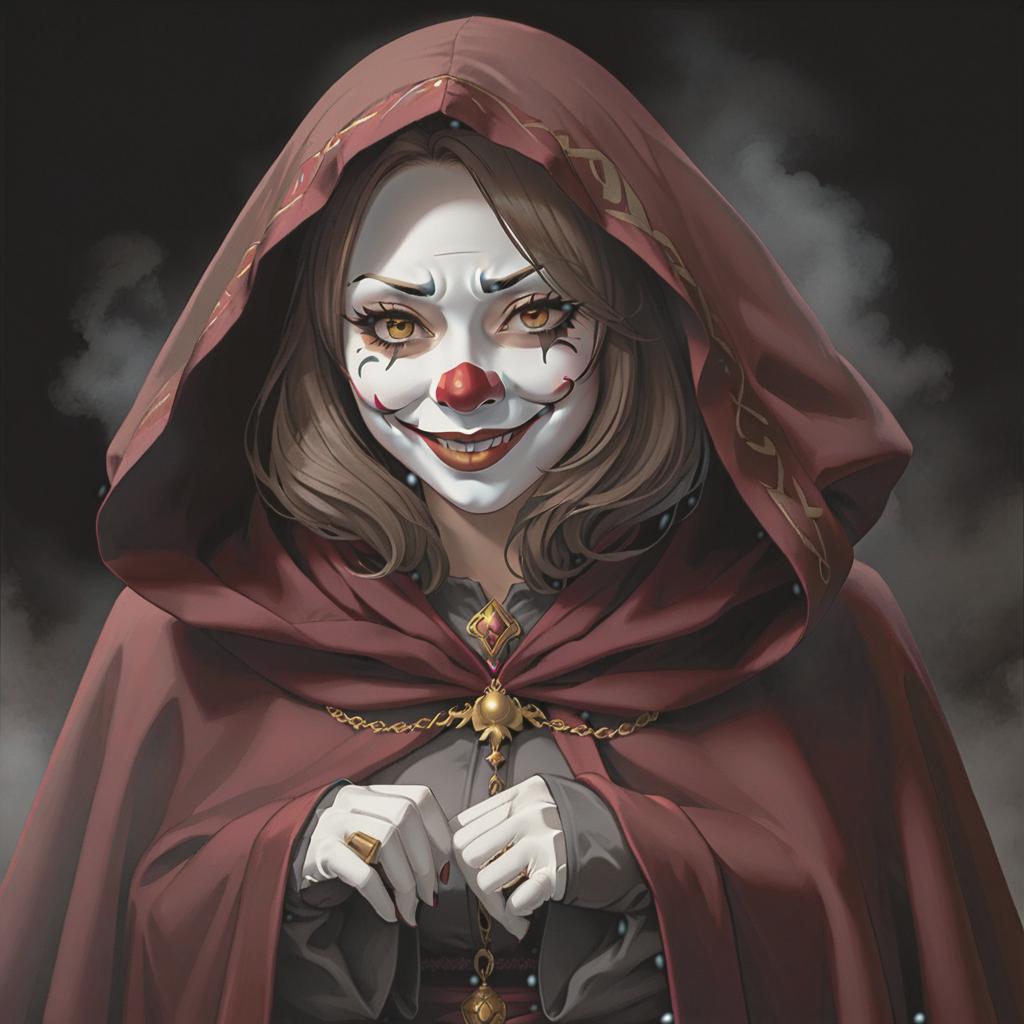  A girl with brown hair. She wears a white clown mask, featuring a black smile that covers her whole face. She is wearing a burgundy cloak, with a hood over her head. She wears a grey shirt and dark pants. hyperrealistic, full body, detailed clothing, highly detailed, cinematic lighting, stunningly beautiful, intricate, sharp focus, f/1. 8, 85mm, (centered image composition), (professionally color graded), ((bright soft diffused light)), volumetric fog, trending on instagram, trending on tumblr, HDR 4K, 8K