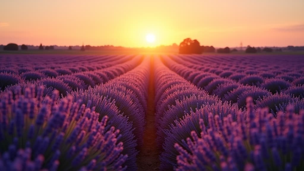  good quality, high quality, golden rays of the setting sun illuminate a lavender field, with rows of deep purple stretching towards the horizona perfect visual for calm and relaxation themes