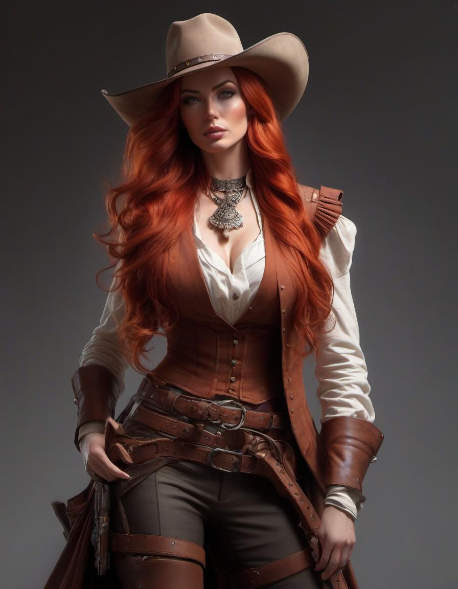  Renaissance style Wild west gunslinger, female, long red hair, beautiful face, wild west outlaw, portrait, clear details, crisp quality, cartoon style, art by artgerm, art by wlop . realistic, perspective, light and shadow, religious or mythological themes, highly detailed hyperrealistic, full body, detailed clothing, highly detailed, cinematic lighting, stunningly beautiful, intricate, sharp focus, f/1. 8, 85mm, (centered image composition), (professionally color graded), ((bright soft diffused light)), volumetric fog, trending on instagram, trending on tumblr, HDR 4K, 8K