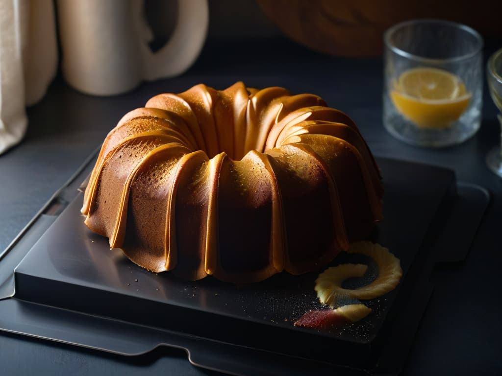  A closeup, highresolution image of a perfectly baked, golden brown bundt cake resting on a sleek, matte black nonstick baking mold. The light softly illuminates the intricate design of the cake, highlighting the flawless release from the mold. The minimalistic composition emphasizes the elegance and effectiveness of using highquality nonstick bakeware for professional baking results. hyperrealistic, full body, detailed clothing, highly detailed, cinematic lighting, stunningly beautiful, intricate, sharp focus, f/1. 8, 85mm, (centered image composition), (professionally color graded), ((bright soft diffused light)), volumetric fog, trending on instagram, trending on tumblr, HDR 4K, 8K