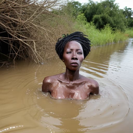  african woman drowning in the river the water is up to her cheekbones