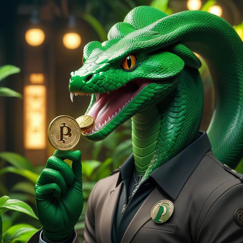  anime artwork The snake, green, holds a coin in its mouth, the letter P on the coin, the snake looks straight. . anime style, key visual, vibrant, studio anime, highly detailed hyperrealistic, full body, detailed clothing, highly detailed, cinematic lighting, stunningly beautiful, intricate, sharp focus, f/1. 8, 85mm, (centered image composition), (professionally color graded), ((bright soft diffused light)), volumetric fog, trending on instagram, trending on tumblr, HDR 4K, 8K