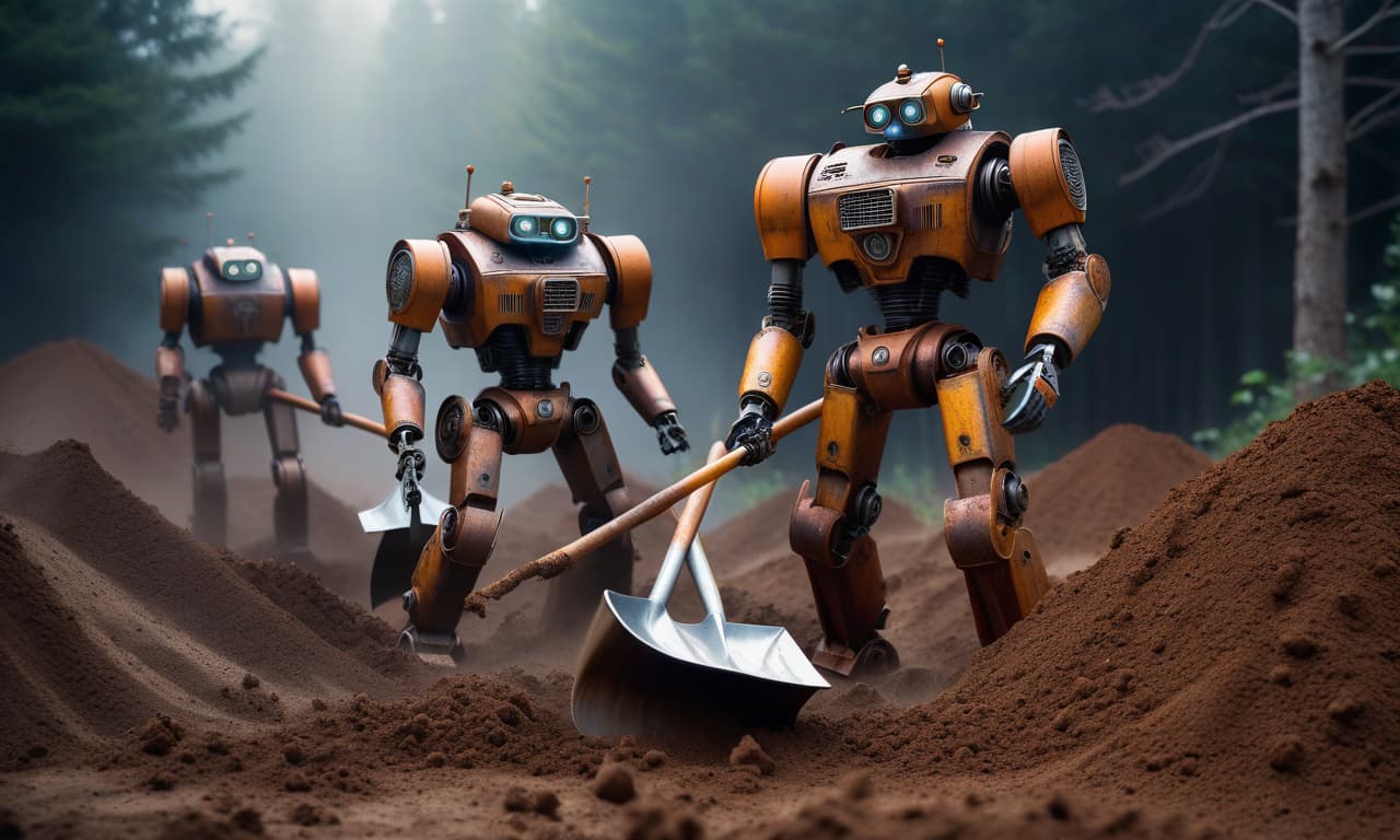  Rusty robots are digging the ground with shovels. hyperrealistic, full body, detailed clothing, highly detailed, cinematic lighting, stunningly beautiful, intricate, sharp focus, f/1. 8, 85mm, (centered image composition), (professionally color graded), ((bright soft diffused light)), volumetric fog, trending on instagram, trending on tumblr, HDR 4K, 8K