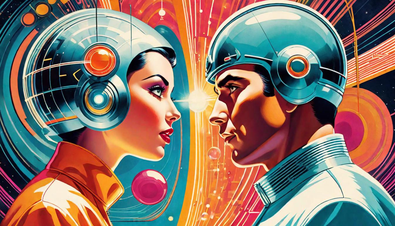  retro futuristic Interwoven energy orbs and sound waves between two individuals engaged in deep conversation. Exchange, Connection, Vibrational dialogue lvintage sci fi, 50s and 60s style, atomic age, vibrant, highly detailed