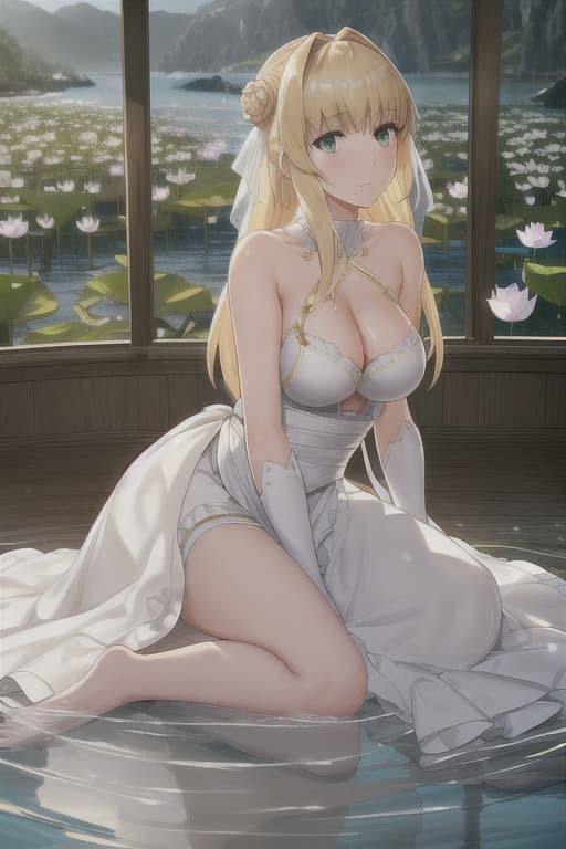  (score 9,score 8 up,score 7 up,),Fate saber,solo,wedding dresses.looking ,outdoor,lake,apron,blonde hair,indoors,green eyes,bare foot,two feet in the water Barefoot in the water. big wave，lotus flower sex stunny hyperrealistic, full body, detailed clothing, highly detailed, cinematic lighting, stunningly beautiful, intricate, sharp focus, f/1. 8, 85mm, (centered image composition), (professionally color graded), ((bright soft diffused light)), volumetric fog, trending on instagram, trending on tumblr, HDR 4K, 8K