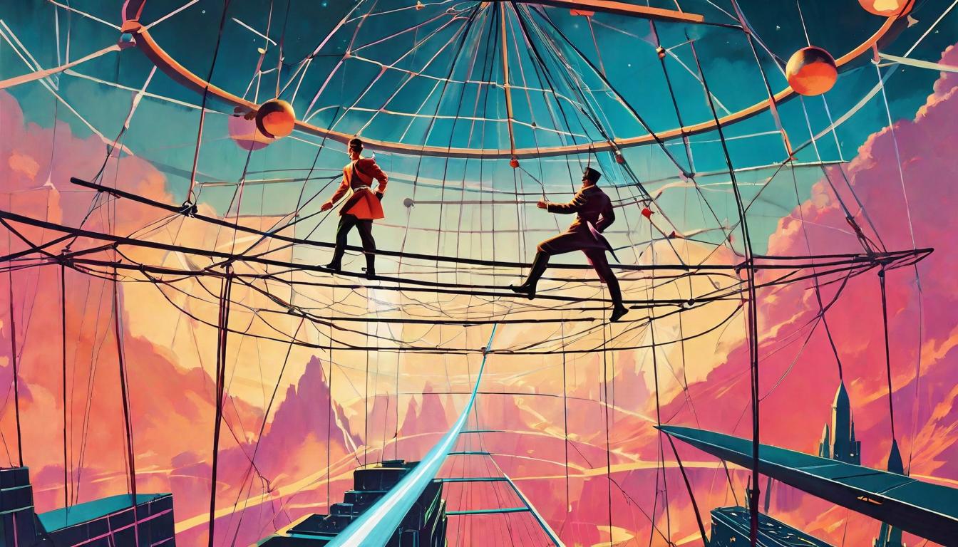  retro futuristic Tightrope walker balanced, beneath a safety net, reflecting support in precarious journeys lvintage sci fi, 50s and 60s style, atomic age, vibrant, highly detailed