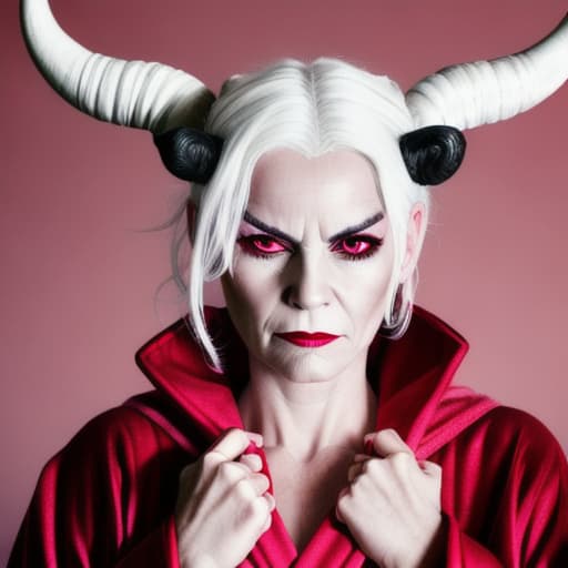  woman with white hair with horns, pink eyes, wearing a red robe