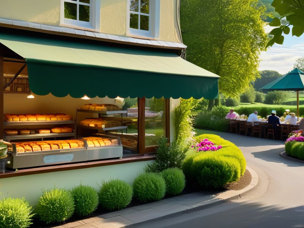  An ultradetailed, photorealistic image of a serene and picturesque countryside bakery surrounded by lush greenery and colorful flowers. The bakery is bustling with activity as chefs and bakers are seen through the large windows, passionately creating delectable pastries and desserts. The sun is setting in the background, casting a warm golden glow over the scene, adding to the inviting and inspiring atmosphere of the retreat. hyperrealistic, full body, detailed clothing, highly detailed, cinematic lighting, stunningly beautiful, intricate, sharp focus, f/1. 8, 85mm, (centered image composition), (professionally color graded), ((bright soft diffused light)), volumetric fog, trending on instagram, trending on tumblr, HDR 4K, 8K