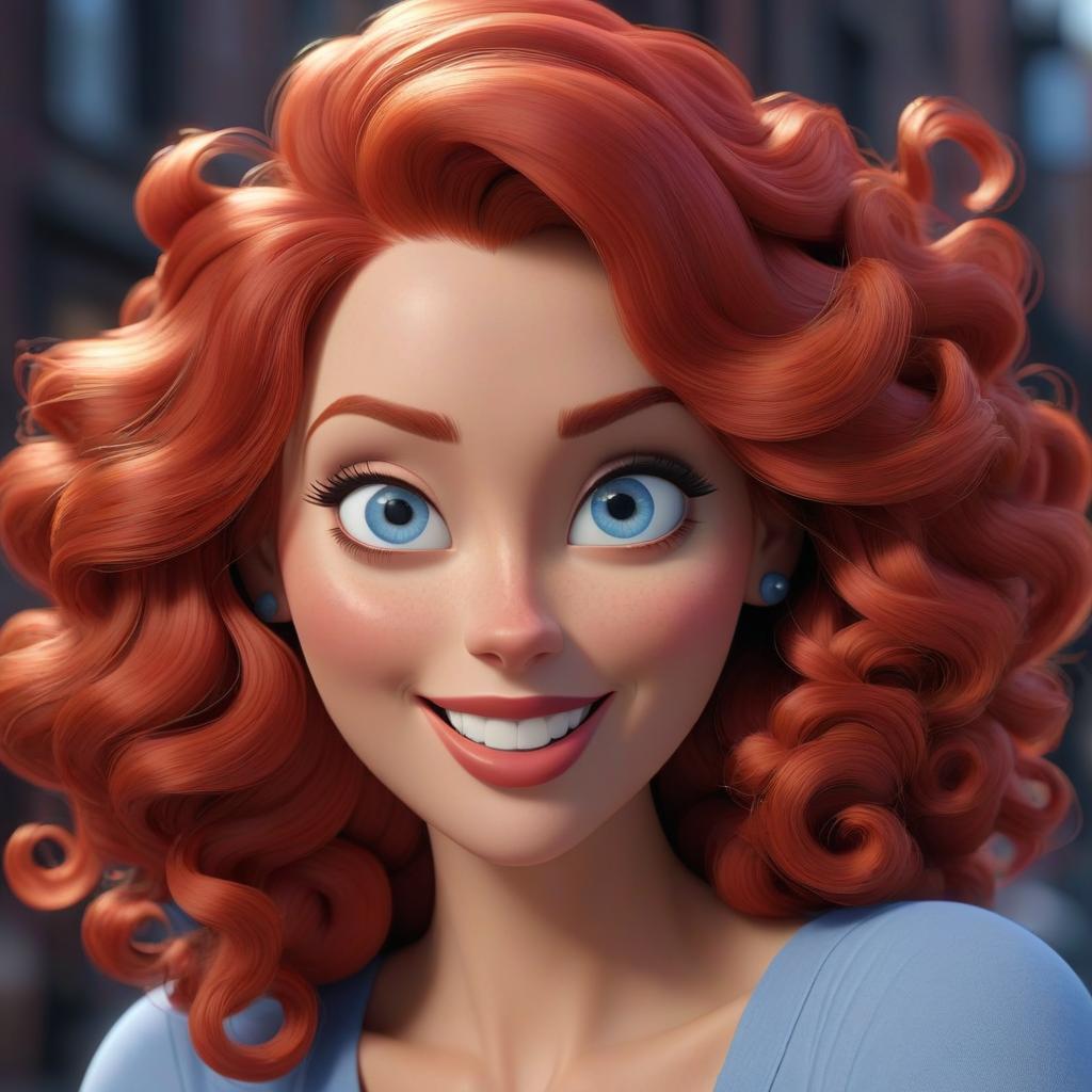  professional 3d model Draw a woman in Pixar style: she is very kind. She has soft facial features. Long red and very curly hair. She has blue eyes. She smiles widely. She is a bit plump. . octane render, highly detailed, volumetric, dramatic lighting hyperrealistic, full body, detailed clothing, highly detailed, cinematic lighting, stunningly beautiful, intricate, sharp focus, f/1. 8, 85mm, (centered image composition), (professionally color graded), ((bright soft diffused light)), volumetric fog, trending on instagram, trending on tumblr, HDR 4K, 8K