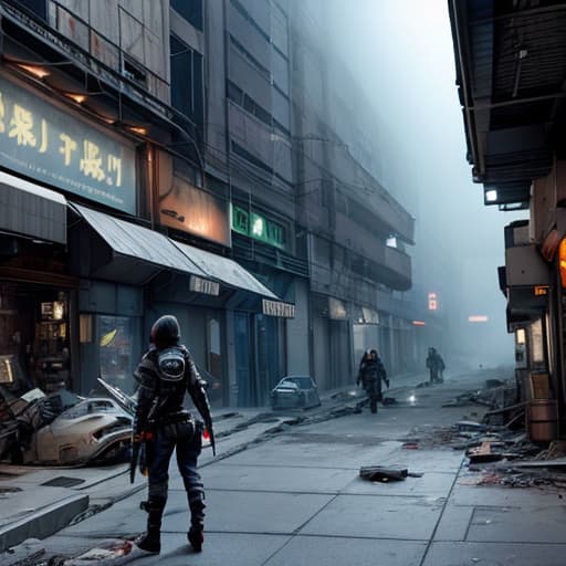  dark futuristic scenery, atmospheric fog, moonlight, futuristic city,dirty busy streets with open shops, trash on street, run down buildings, (postapocalyptic city:1.3) hyperrealistic, full body, detailed clothing, highly detailed, cinematic lighting, stunningly beautiful, intricate, sharp focus, f/1. 8, 85mm, (centered image composition), (professionally color graded), ((bright soft diffused light)), volumetric fog, trending on instagram, trending on tumblr, HDR 4K, 8K