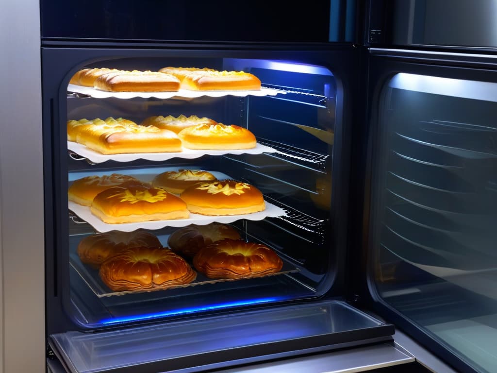  An ultradetailed image of a sleek, modern convection oven with a transparent glass door, showcasing the interior filled with goldenbrown pastries and cakes baking evenly. The soft ambient light highlights the reflective surfaces of the oven, emphasizing its advanced technology and efficiency in baking. The minimalistic design focuses on the precision and elegance of the convection oven, symbolizing the seamless integration of technology into home baking for professional results. hyperrealistic, full body, detailed clothing, highly detailed, cinematic lighting, stunningly beautiful, intricate, sharp focus, f/1. 8, 85mm, (centered image composition), (professionally color graded), ((bright soft diffused light)), volumetric fog, trending on instagram, trending on tumblr, HDR 4K, 8K