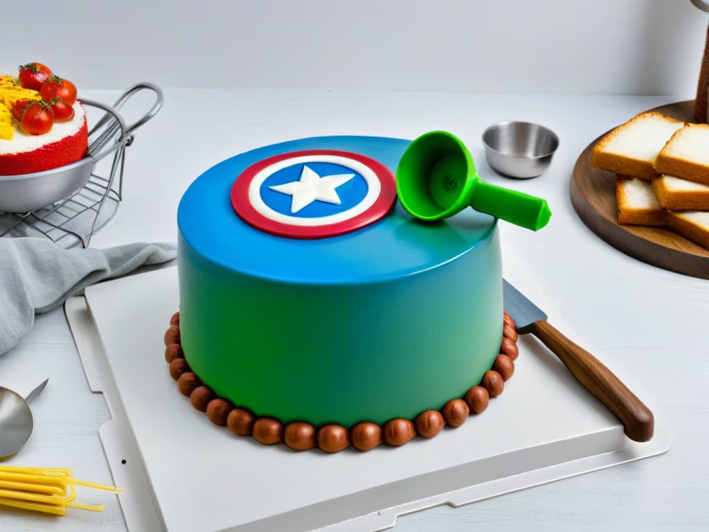  A sleek, minimalistic image of a set of baking utensils inspired by Marvel superheroes, featuring a Captain America shield cake pan, an Iron Man spatula, a Hulk green mixing bowl, and a Thor hammer measuring cups, all arranged neatly on a clean, white marble countertop. Each utensil stands out with subtle yet recognizable superhero details, reflecting a perfect blend of functionality and fun for any baker looking to add a heroic touch to their kitchen. hyperrealistic, full body, detailed clothing, highly detailed, cinematic lighting, stunningly beautiful, intricate, sharp focus, f/1. 8, 85mm, (centered image composition), (professionally color graded), ((bright soft diffused light)), volumetric fog, trending on instagram, trending on tumblr, HDR 4K, 8K