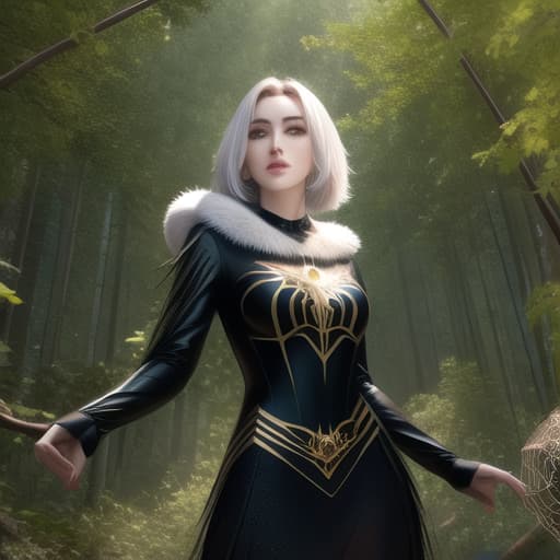  (masterpiece), best quality, expressive eyes, perfect face, 1lady, arachne, spider woman, full body, natural, fully clothed t-shirt, fuzzy, white hair, long hair, short hair, forest, spider webs, 8-legged spider, fur, (masterpiece, best quality:1.5), HDR 4K, 8K