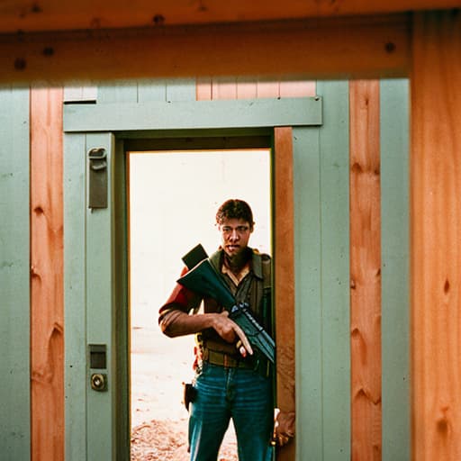 analog style A man in plain clothes holding a rifle, covered in blood, standing in front of a wooden house.