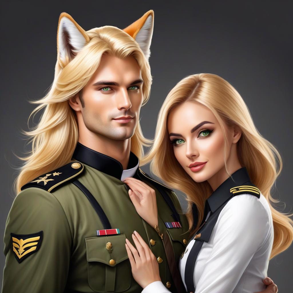  Realistically, a handsome Man blond, With MAN'S EARS are fox ears, Long HAIR, MAN'S EYES are yellow, In a WHITE shirt and pants, MAN HUGS a Young woman in a BLACK military uniform, Woman'S hair is dark, GIRL'S EYES are gray, Sharp Focus, Clear Bright Eyes, Well defined details, Bright, lively green eyes, Beautiful portrait illustration, FANTASY style portrait, BLUE AND WHITE flashes, Bright colors, Lively eyes, Fantastic Art, Intricate design, Highly detailed, Sharp focus, 8K, high resolution, Elegant, hyperrealistic, full body, detailed clothing, highly detailed, cinematic lighting, stunningly beautiful, intricate, sharp focus, f/1. 8, 85mm, (centered image composition), (professionally color graded), ((bright soft diffused light)), volumetric fog, trending on instagram, trending on tumblr, HDR 4K, 8K