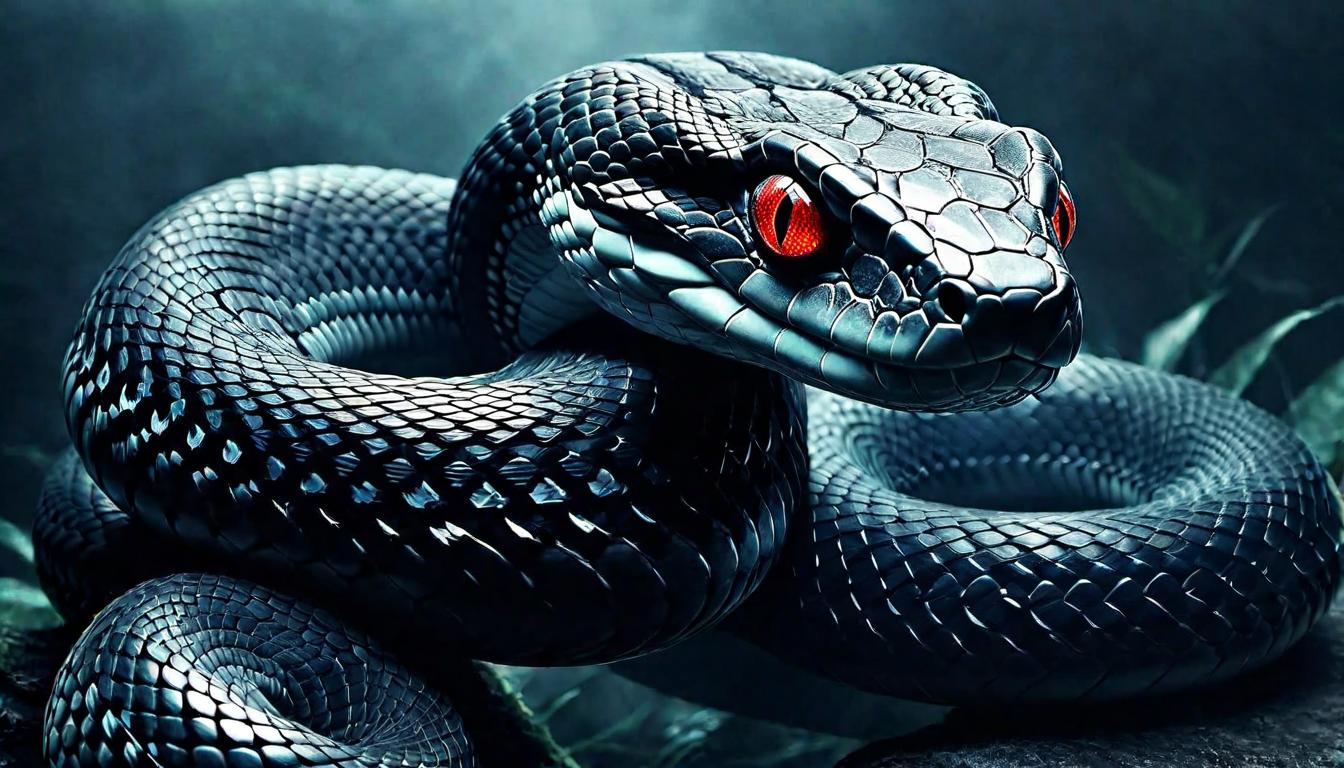  （surrealism)a sly, snake like serpent with glowing, malevolent eyes, coiled around a whispering, dark void, snake scales shimmer with an eerie glow, ethereal mist emanating from its mouth, sinister, elusive mystic, intricate details, best quality)