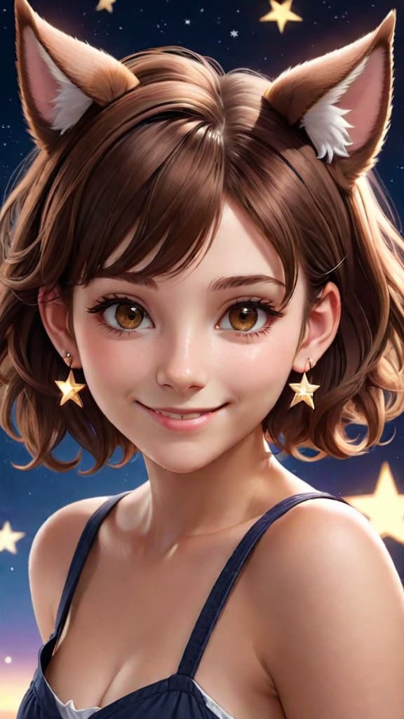  a 25 yo woman, brown hair, (hi-top fade:1.3), dark theme, soothing tones, muted colors, high contrast, (natural skin texture, hyperrealism, soft light, sharp), eyes looking at viewer, smile, animal ears, star earrings, sundress, magic world witches series, cool & \(idolmaster\),,