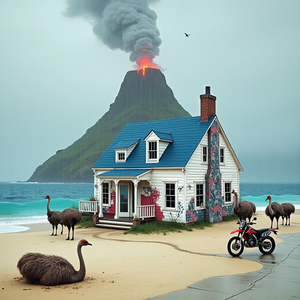  i want to see an island in the ocean, on the shore there is a chic white house with a blue roof and french windows, part of the wall of the house is decorated with graffiti in the style of banksy, next to the house is parked a dirt bike, the weather is rainy. in the background in the depths of the island a volcano is smoking. along the house goes a column of people dressed as yetis and playing different musical instruments, to the side an ostrich is buried in the sand.