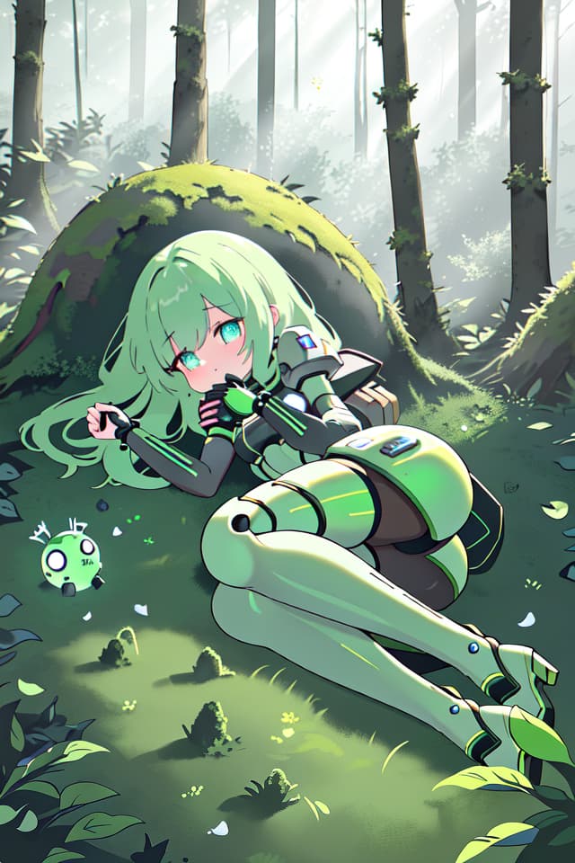  ((Mossy robot, broken robot girl lying in the forest, Half Closed Narrow Eyes)), sprout, Green Hair 1 Girl, (Absurdress, masterpiece, ultimate quality), official art, aesthetic, (diffusion lighting, environment) Lighting), detailed skin texture, best shadow, very detail, colorful, 8k Wallpaper, Raw Photoristic Detailed, Dutch Angle, 💩, 💩, 💩, hyperrealistic, full body, detailed clothing, highly detailed, cinematic lighting, stunningly beautiful, intricate, sharp focus, f/1. 8, 85mm, (centered image composition), (professionally color graded), ((bright soft diffused light)), volumetric fog, trending on instagram, trending on tumblr, HDR 4K, 8K