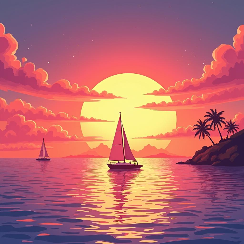  "picture a fantastic sunset over the ocean, where the sky is painted in bright shades of orange, pink and purple. on the horizon, a sailboat is seen, slowly sailing on calm water, which reflects all the colors of the sunset. in the distance, against the sky, you can discern the silhouette of a small island with palm trees., (2d, pencil sketch, crisp edges, bold cartoon style outlines:1.4)