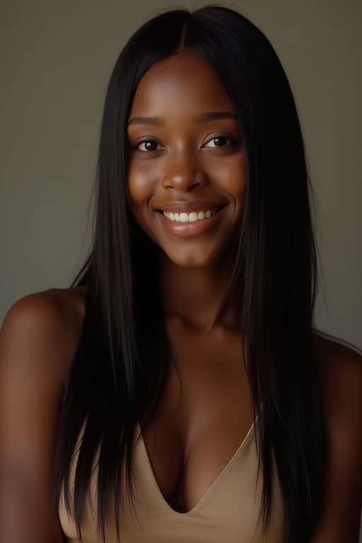  upper body, (facing the camera directly), beautiful (21yo) african american black woman with straight hair, smiling slightly