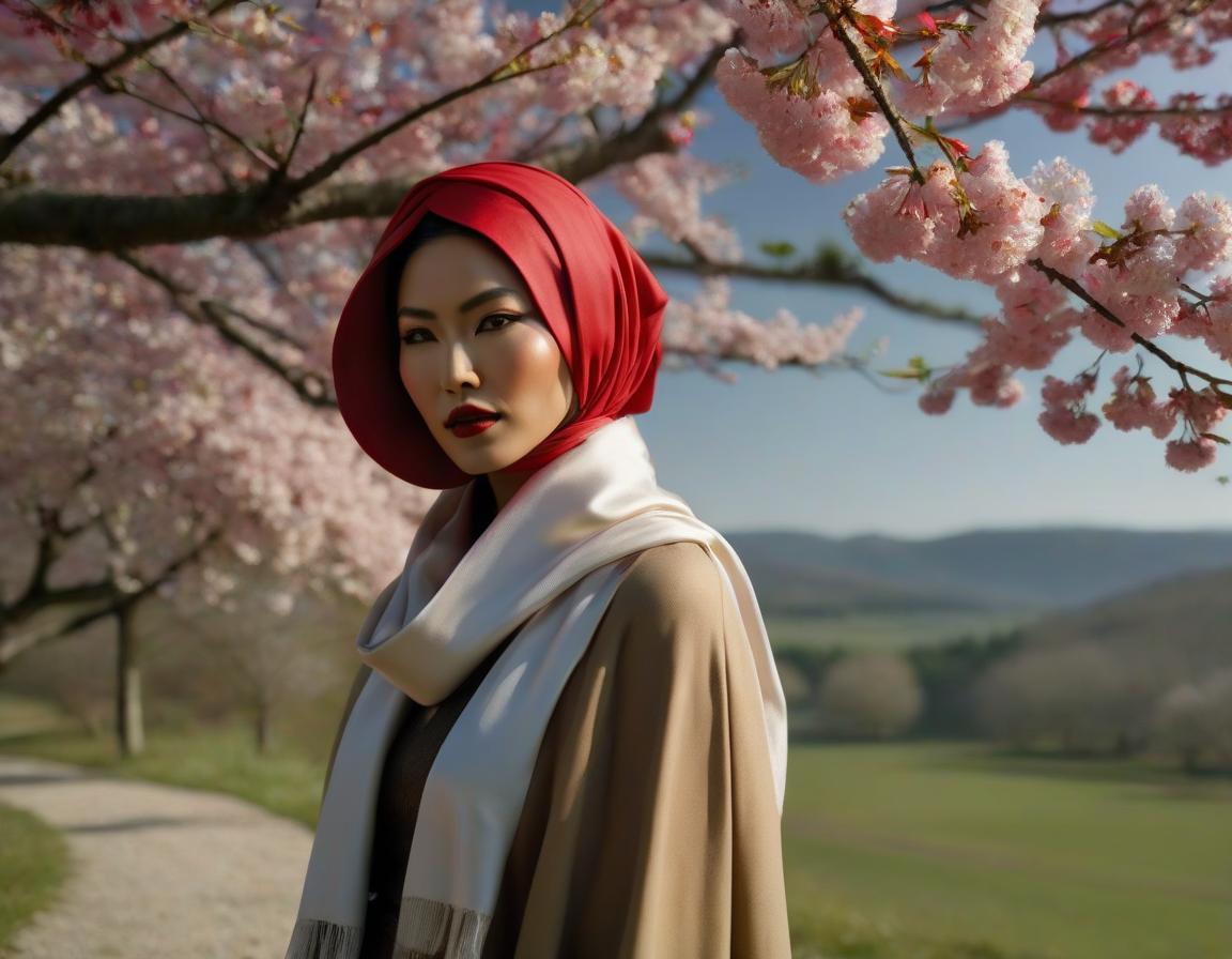  A digital art portrait of a woman with a red headscarf, cherry blossoms in her hair, and serene landscape in the background. hyperrealistic, full body, detailed clothing, highly detailed, cinematic lighting, stunningly beautiful, intricate, sharp focus, f/1. 8, 85mm, (centered image composition), (professionally color graded), ((bright soft diffused light)), volumetric fog, trending on instagram, trending on tumblr, HDR 4K, 8K