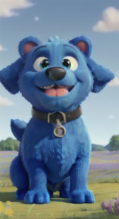  {A happy, big blue dog wagging its tail in a colorful meadow, The big blue dog is large with sky blue fur, big round eyes, a black nose, and floppy ears.