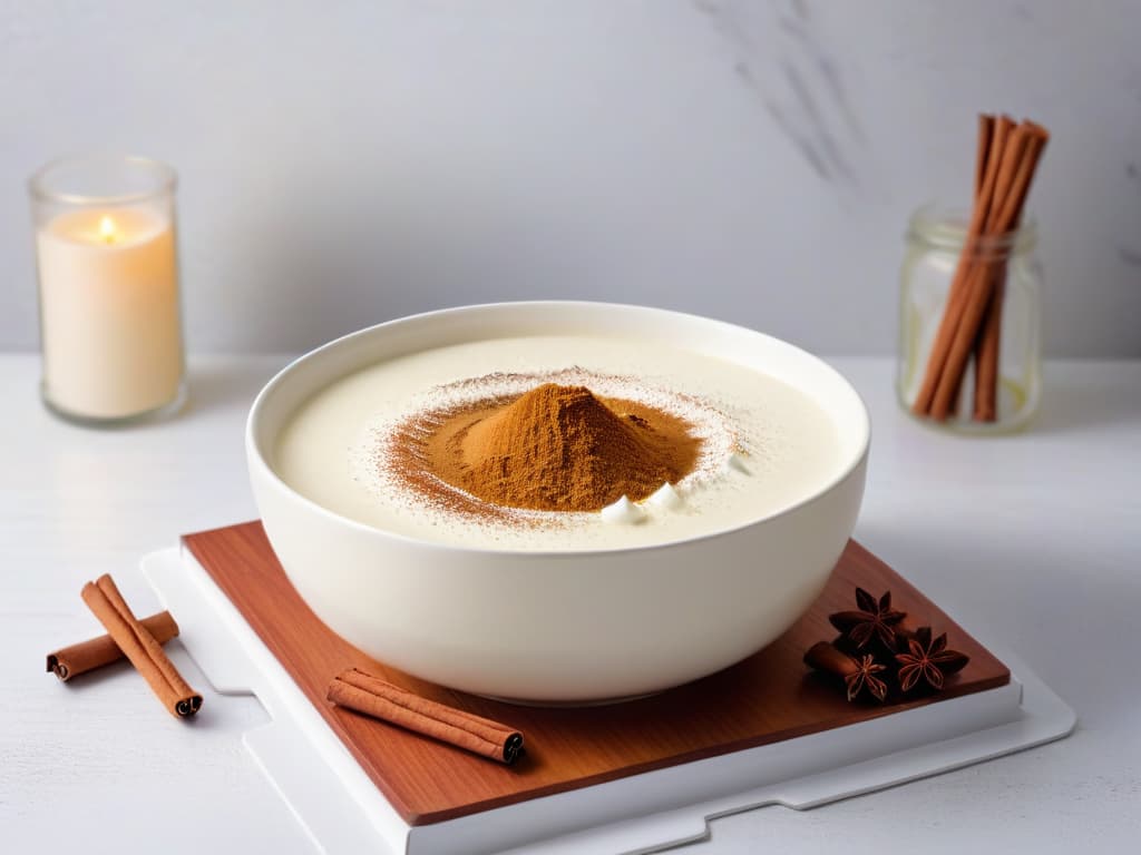  An ultradetailed image of a pristine white ceramic bowl filled to the brim with creamy natilla colombiana, garnished with a sprinkle of freshly ground cinnamon and a few whole cinnamon sticks on a sleek marble countertop. The natilla is perfectly smooth, with a subtle sheen, and the cinnamon dust creates a mesmerizing pattern on its surface. The soft natural light filtering through a nearby window casts gentle shadows, highlighting the rich texture of the traditional Colombian dessert. hyperrealistic, full body, detailed clothing, highly detailed, cinematic lighting, stunningly beautiful, intricate, sharp focus, f/1. 8, 85mm, (centered image composition), (professionally color graded), ((bright soft diffused light)), volumetric fog, trending on instagram, trending on tumblr, HDR 4K, 8K