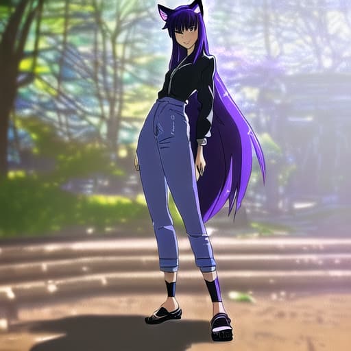  Makoto Shinkai style. semi - realistic anime style. Asian. looking at viewer. solo. fashion. soft shadows. modern. cute girl. character design. purple hair. full body. animal ears. uhd. high details.