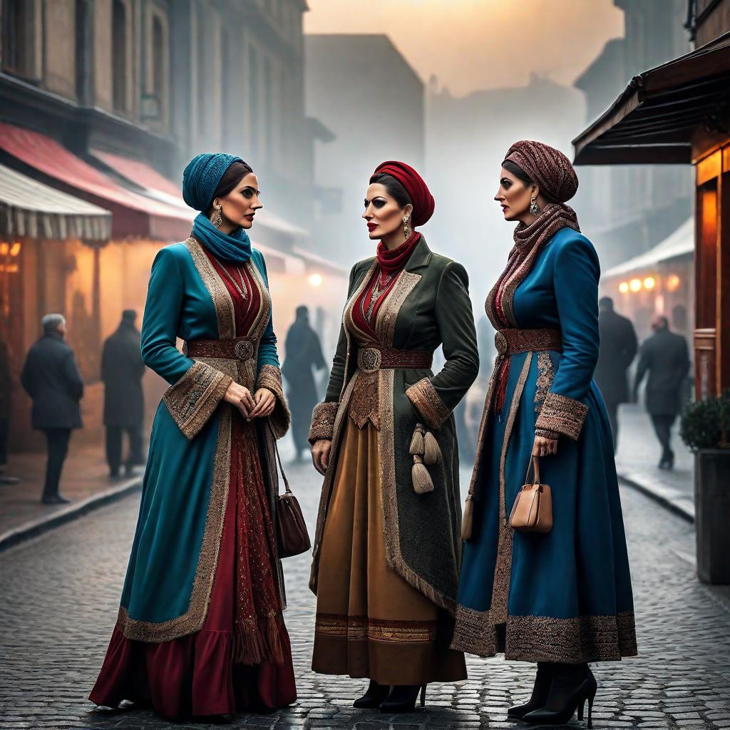  Gossiping Turkish women hyperrealistic, full body, detailed clothing, highly detailed, cinematic lighting, stunningly beautiful, intricate, sharp focus, f/1. 8, 85mm, (centered image composition), (professionally color graded), ((bright soft diffused light)), volumetric fog, trending on instagram, trending on tumblr, HDR 4K, 8K