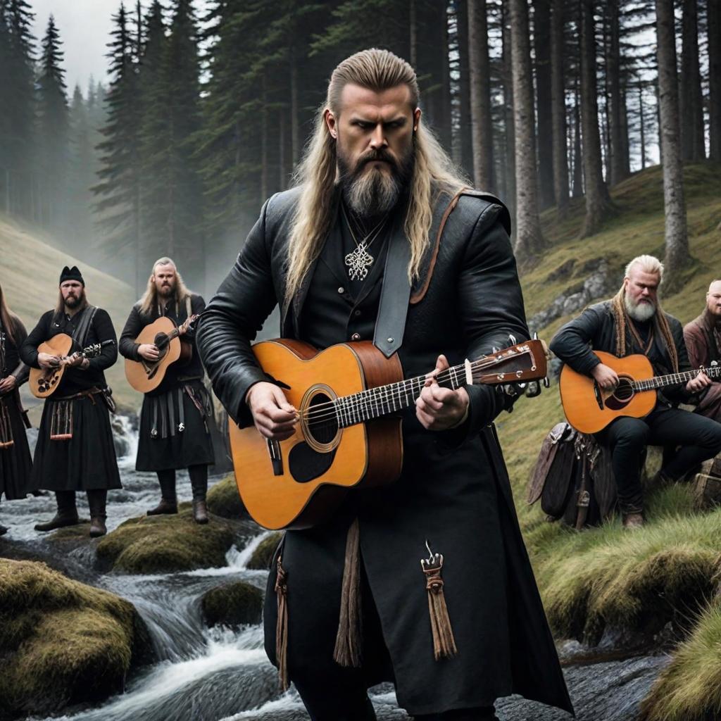  Picture a person whose music list consists of 1% of dark folk genre, 1% of faroese pop genre, 3% of scorecore genre, 3% of slavic folk metal genre, 1% of soundtrack genre, 1% of canadian soundtrack genre, 1% of folk metal genre, 6% of nordic folk genre, 9% of medieval folk genre, 1% of polish metal genre, 7% of hurdy gurdy genre, 1% of polish folk metal genre, 21% of viking folk genre, 1% of folkmusik genre, 1% of fantasy genre, 3% of medieval rock genre, 1% of dungeon synth genre, 1% of british soundtrack genre, 23% of rune folk genre, 1% of faroese indie genre, 1% of norwegian indie genre, 1% of video game music genre, 1% of melancholia genre. This person's style should reflect all the music genres he listens to, from more to less, depend hyperrealistic, full body, detailed clothing, highly detailed, cinematic lighting, stunningly beautiful, intricate, sharp focus, f/1. 8, 85mm, (centered image composition), (professionally color graded), ((bright soft diffused light)), volumetric fog, trending on instagram, trending on tumblr, HDR 4K, 8K