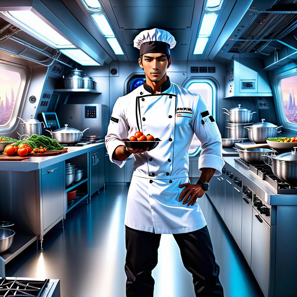  anime artwork young furry man, black fur, black eyes, white cook clothes and chef's hat, kitchen on a space station . anime style, key visual, vibrant, studio anime, highly detailed hyperrealistic, full body, detailed clothing, highly detailed, cinematic lighting, stunningly beautiful, intricate, sharp focus, f/1. 8, 85mm, (centered image composition), (professionally color graded), ((bright soft diffused light)), volumetric fog, trending on instagram, trending on tumblr, HDR 4K, 8K