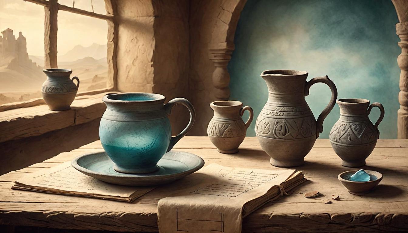  on parchment, surrealism+++, Simple clay cups on a wooden table, one being filled with clear water from a humble pitcher, amidst a backdrop of dawning light, rhythm of simplicity, greatness in the ordinary, serene elegance(mysterious, provocative, symbolic,muted color)+++