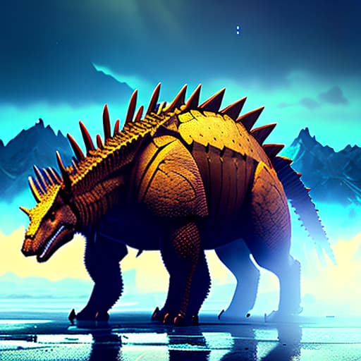 nvinkpunk epic movie poster of a stegosaurus on a frozen lake hyperrealistic, full body, detailed clothing, highly detailed, cinematic lighting, stunningly beautiful, intricate, sharp focus, f/1. 8, 85mm, (centered image composition), (professionally color graded), ((bright soft diffused light)), volumetric fog, trending on instagram, trending on tumblr, HDR 4K, 8K