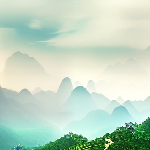 mdjrny-v4 style MAncient Chinese style landscape, mountains, rivers, clouds