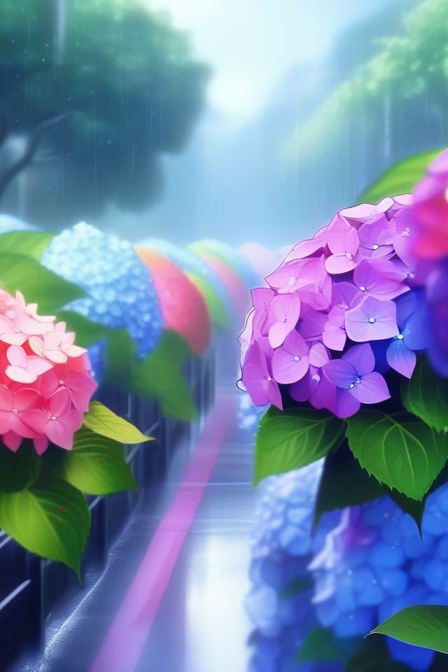  Co paved parks, raining HYDRANGEA, (Many Hydrangeas) Masterpiece, After Rain, Rainbow, Sunlight, High Quality, 8k