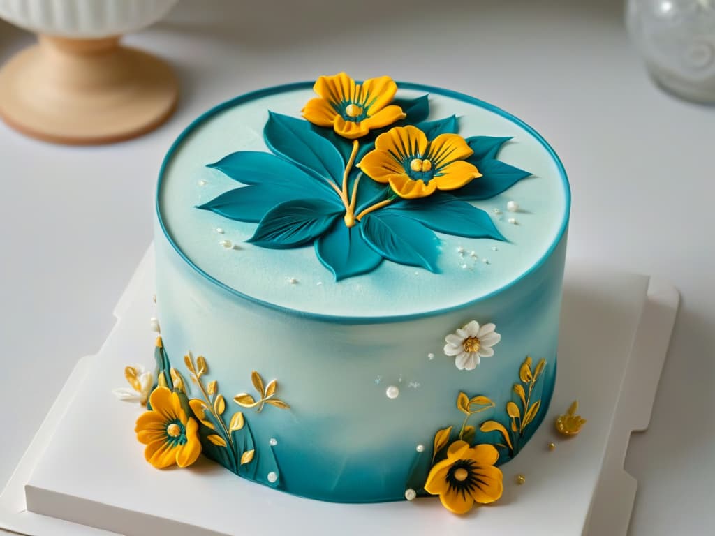  A closeup, ultradetailed image of a delicate fondant flower being meticulously handpainted with edible gold paint, showcasing intricate brush strokes and vibrant shimmering details that highlight the artistry of edible painting techniques for beginners. hyperrealistic, full body, detailed clothing, highly detailed, cinematic lighting, stunningly beautiful, intricate, sharp focus, f/1. 8, 85mm, (centered image composition), (professionally color graded), ((bright soft diffused light)), volumetric fog, trending on instagram, trending on tumblr, HDR 4K, 8K