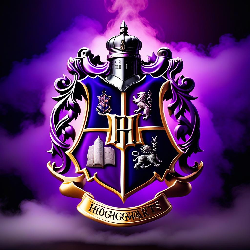  Hogwarts School crest. Purple mist background. hyperrealistic, full body, detailed clothing, highly detailed, cinematic lighting, stunningly beautiful, intricate, sharp focus, f/1. 8, 85mm, (centered image composition), (professionally color graded), ((bright soft diffused light)), volumetric fog, trending on instagram, trending on tumblr, HDR 4K, 8K