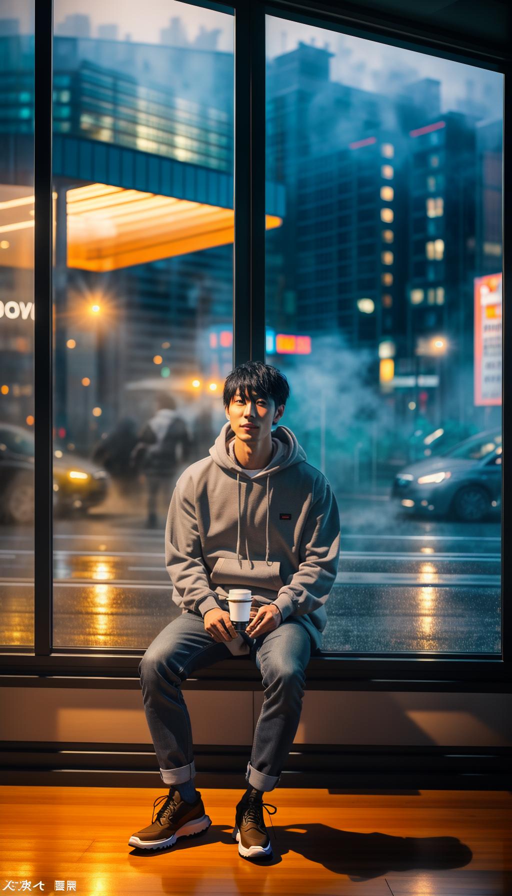  A realistic photo of a slim young Japanese boy, aged 20, with center parted short black hair, sitting in a modern cafe, on a rainy winter evening, wearing a grey hoodie and black jeans, with the city illuminations visible through the window. hyperrealistic, full body, detailed clothing, highly detailed, cinematic lighting, stunningly beautiful, intricate, sharp focus, f/1. 8, 85mm, (centered image composition), (professionally color graded), ((bright soft diffused light)), volumetric fog, trending on instagram, trending on tumblr, HDR 4K, 8K